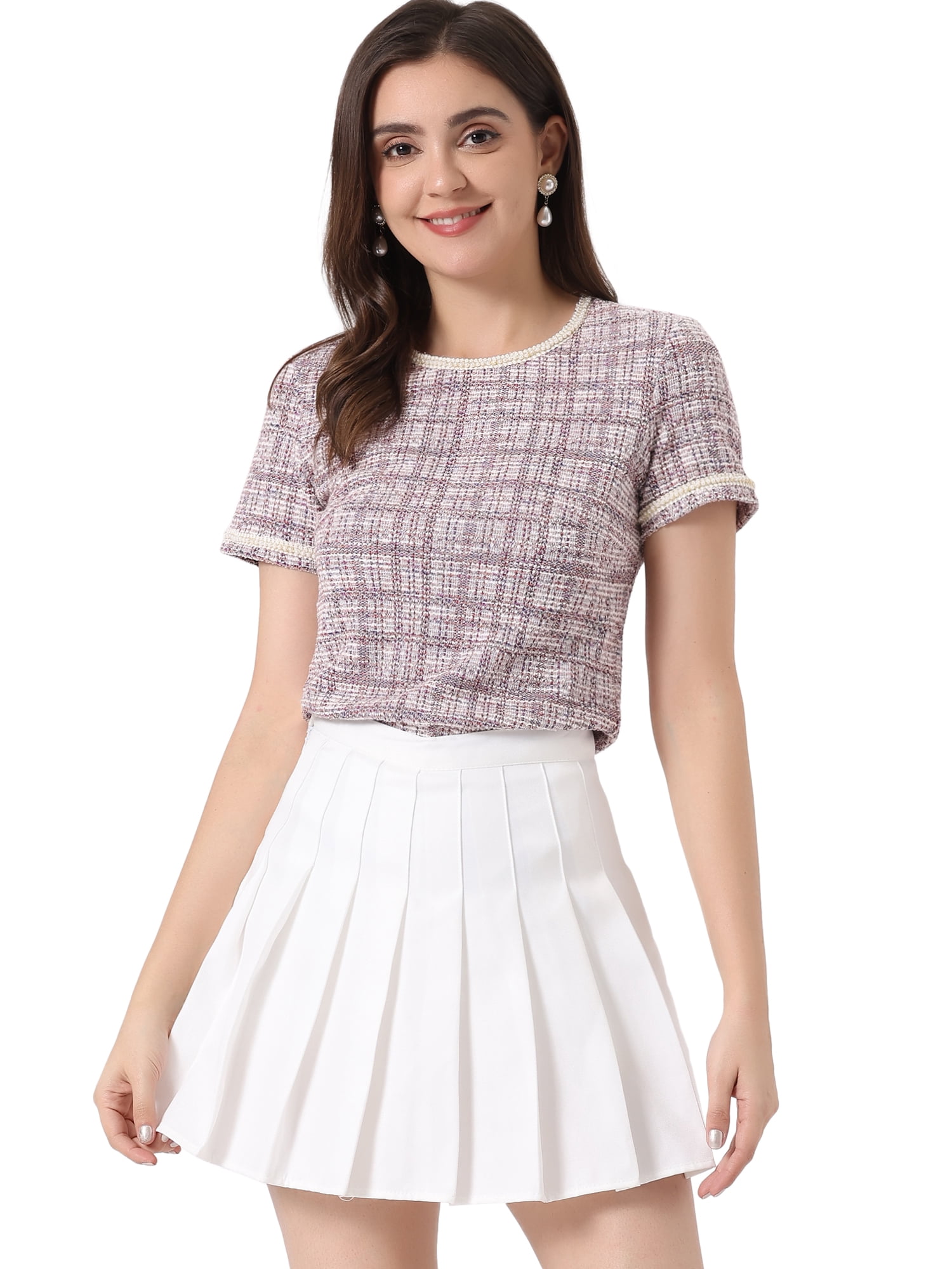 DARING DIVA Women's Round Neck Short Sleeve Tweed Top S Pink White