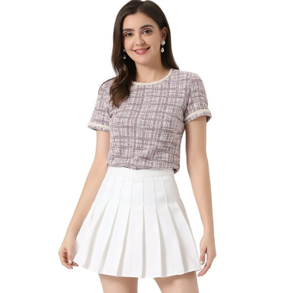 DARING DIVA Women's Round Neck Short Sleeve Tweed Top S Pink White