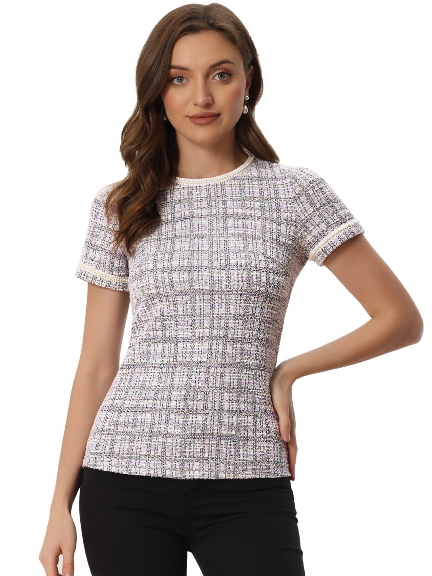 DARING DIVA Women's Round Neck Short Sleeve Tweed Top XS Apricot