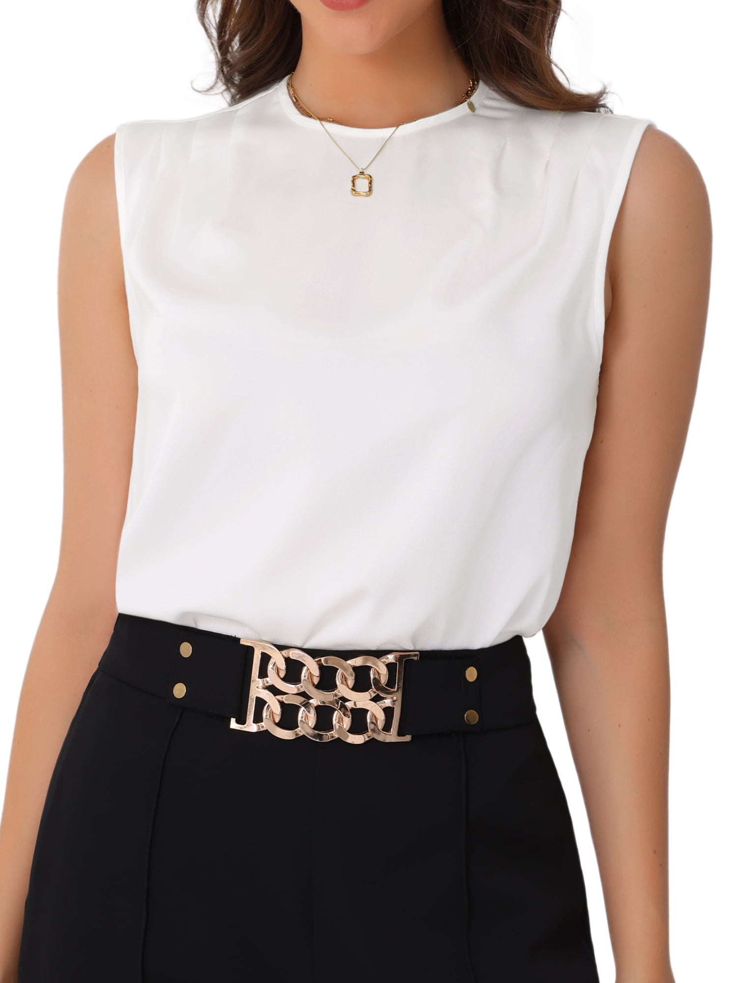 DARING DIVA Women's Round Neck Sleeveless Work Blouse S White