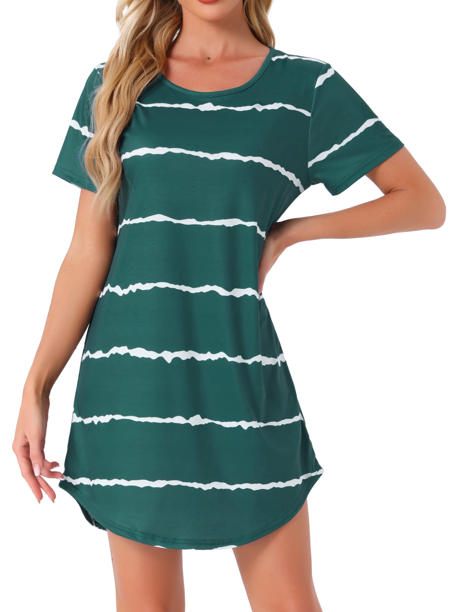 DARING DIVA Women's Round Neck Striped Short Sleeve Sleepshirt Nightgown XS Blue Green