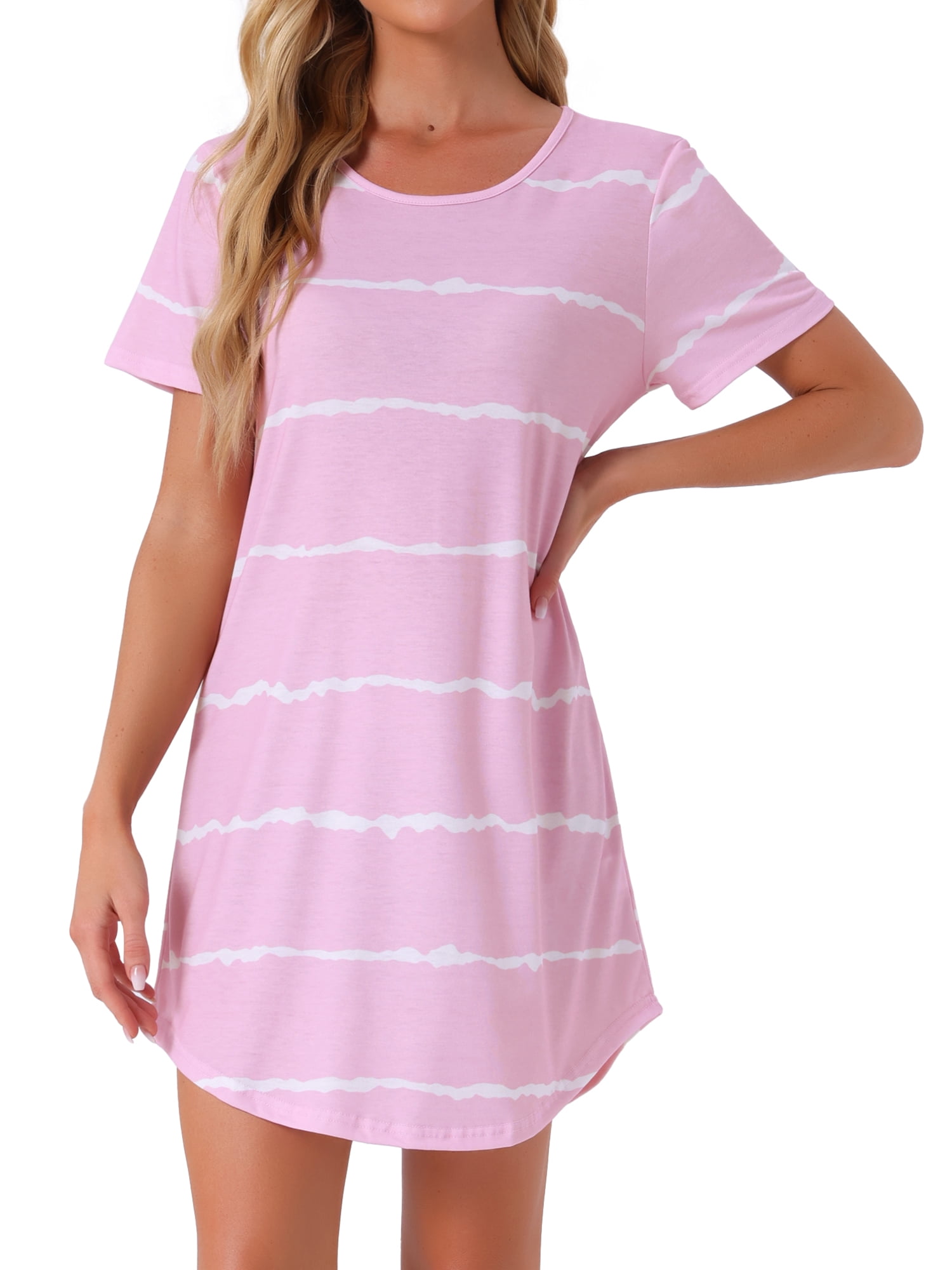 DARING DIVA Women's Round Neck Striped Short Sleeve Sleepshirt Nightgown XS Pink