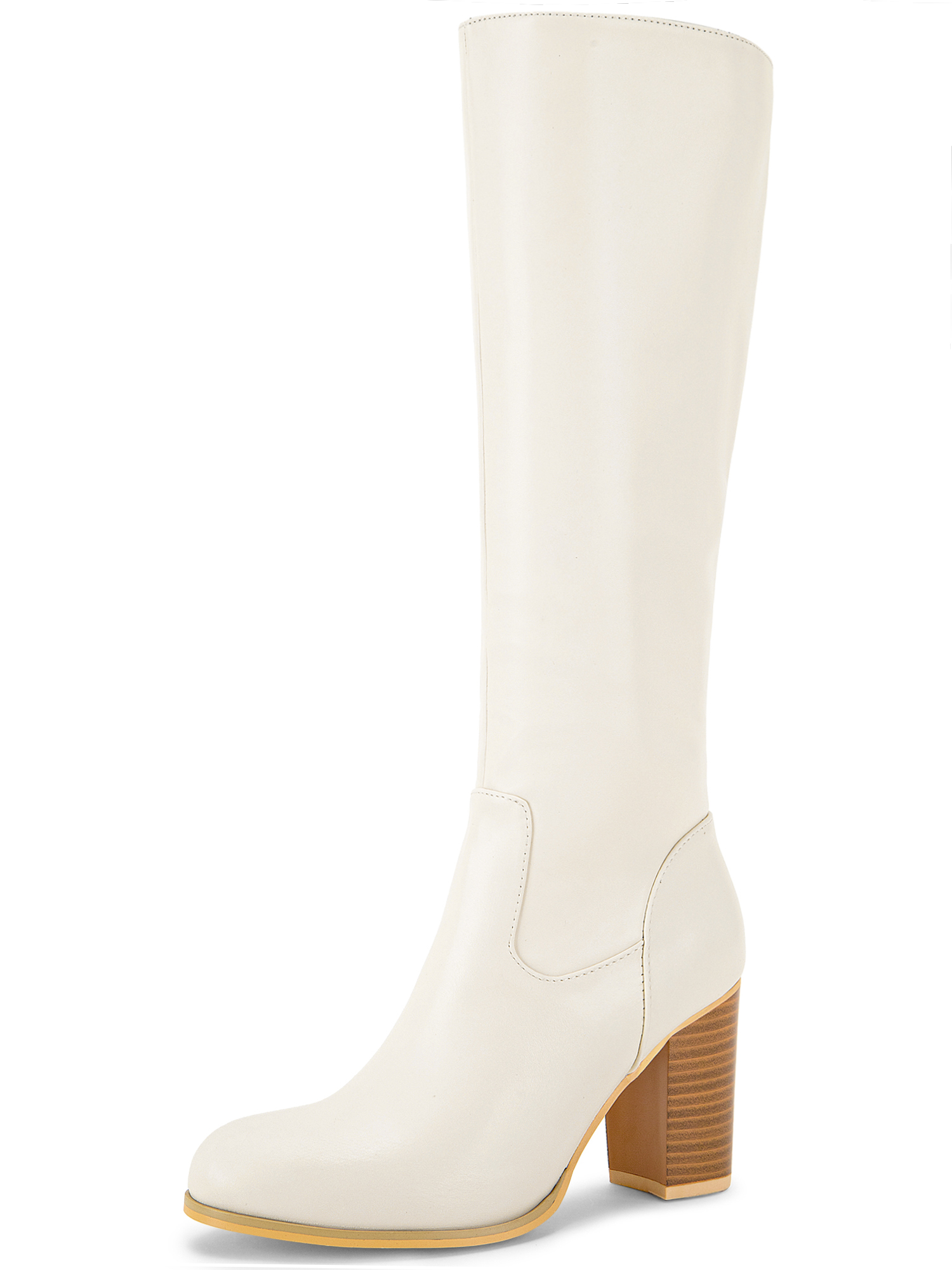DARING DIVA Women's Round Toe Block Heeled Knee High Boots Cream 10