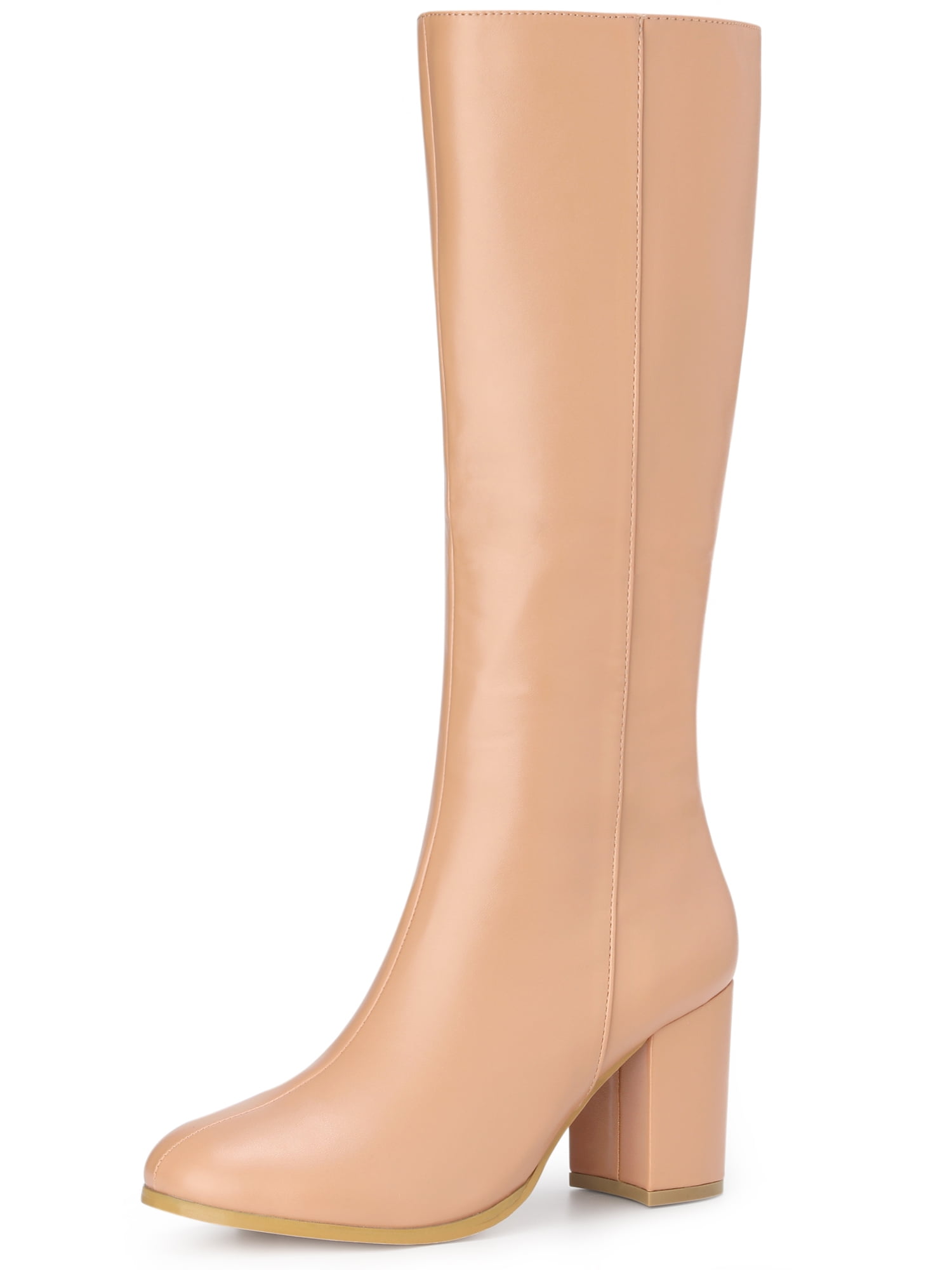 DARING DIVA Women's Round Toe Block Heels Knee High Boots Nude 6