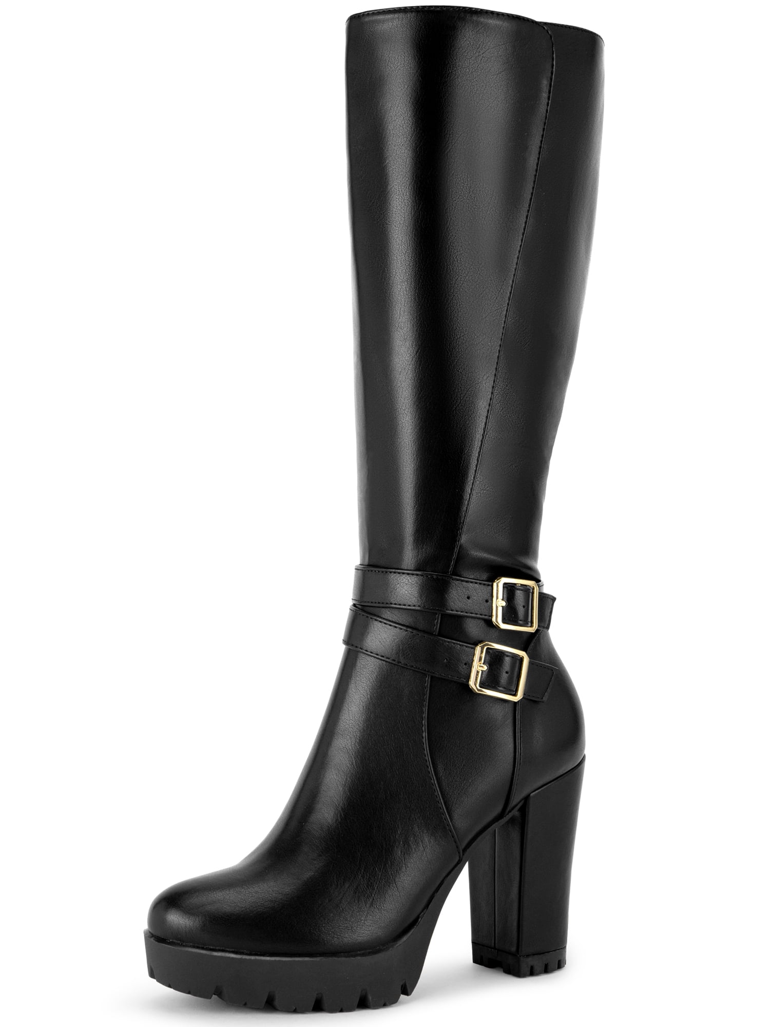 DARING DIVA Women's Round Toe Platform Chunky Heels Knee High Boots Black 8