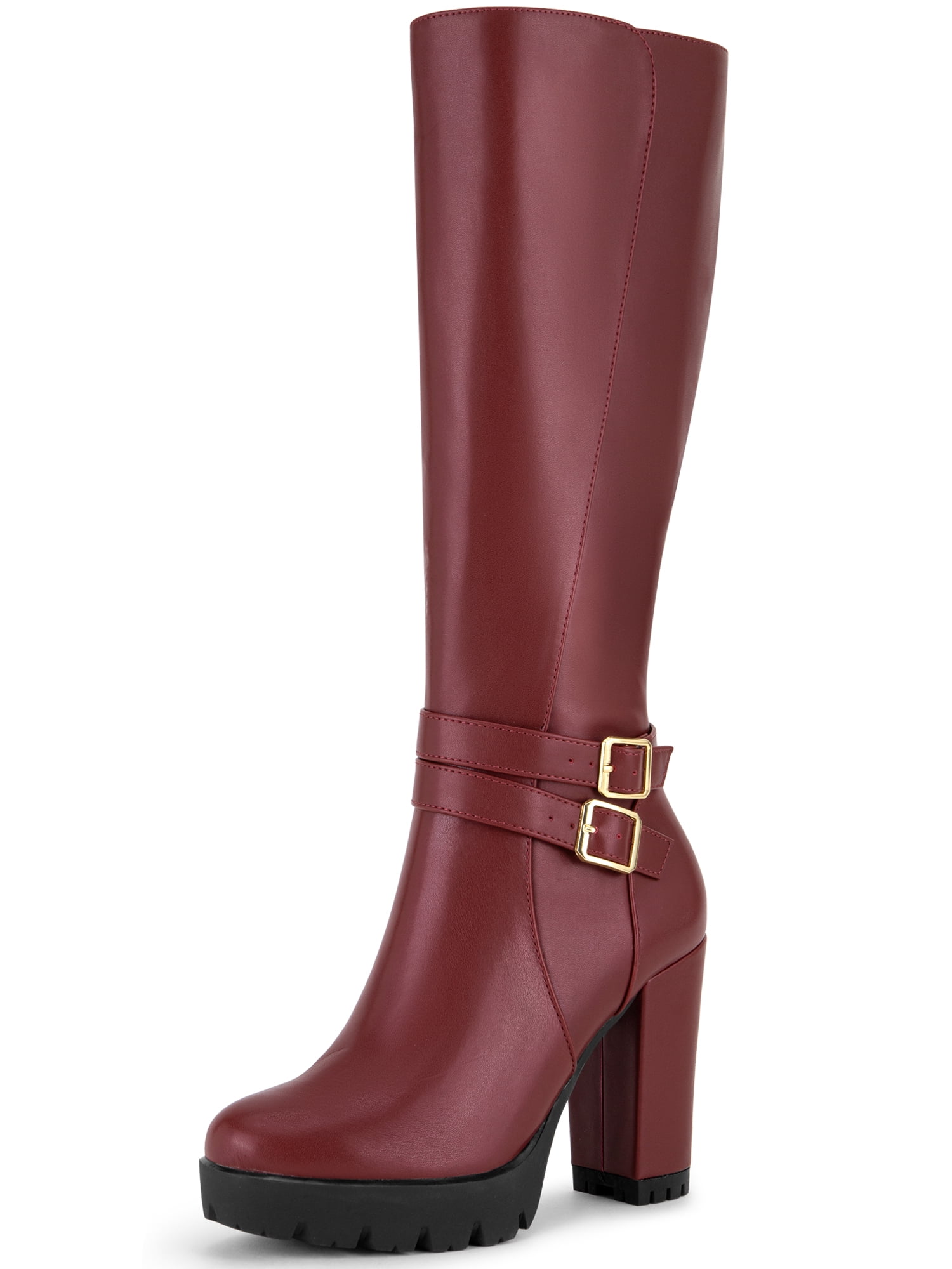 DARING DIVA Women's Round Toe Platform Chunky Heels Knee High Boots Burgundy 7