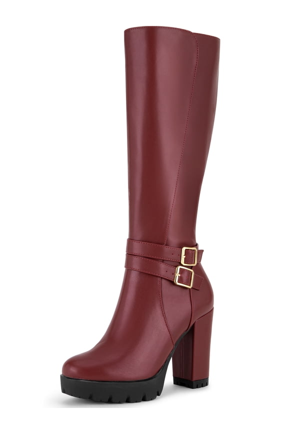 Women's Round Toe Platform Chunky Heels Knee High Boots Burgundy 7