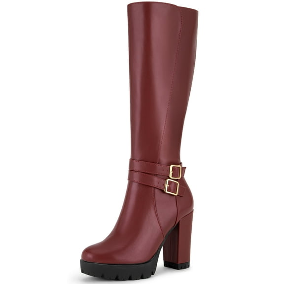 DARING DIVA Women's Round Toe Platform Chunky Heels Knee High Boots Burgundy 7