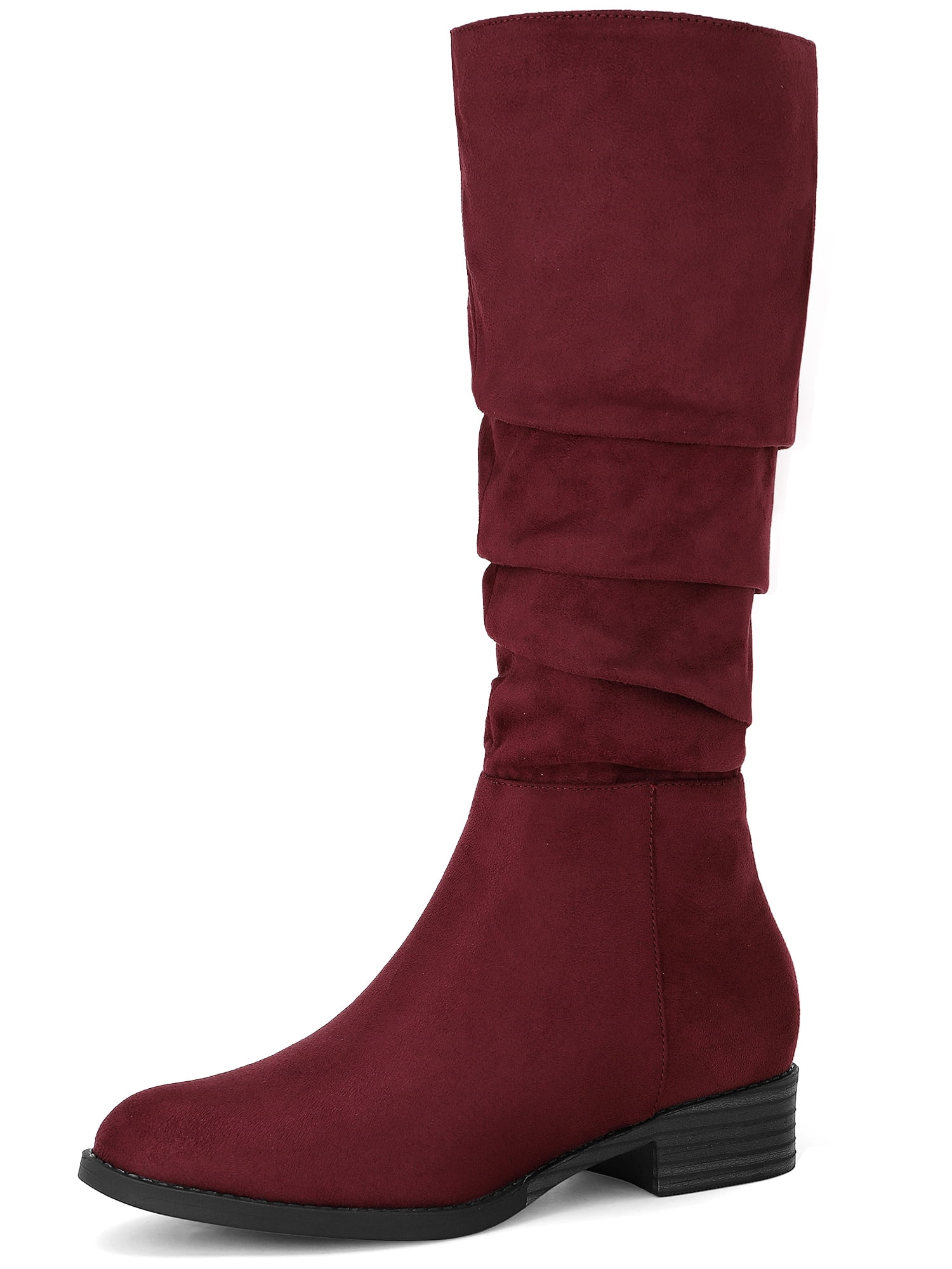 DARING DIVA Women's Round Toe Slouches Block Heels Knee High Boots Burgundy 7