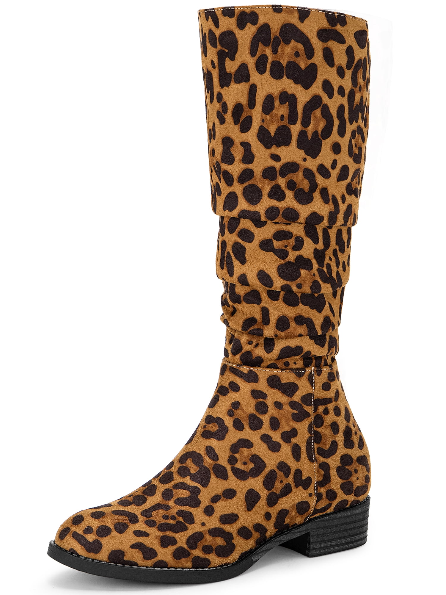 DARING DIVA Women's Round Toe Slouches Block Heels Knee High Boots Leopard 9