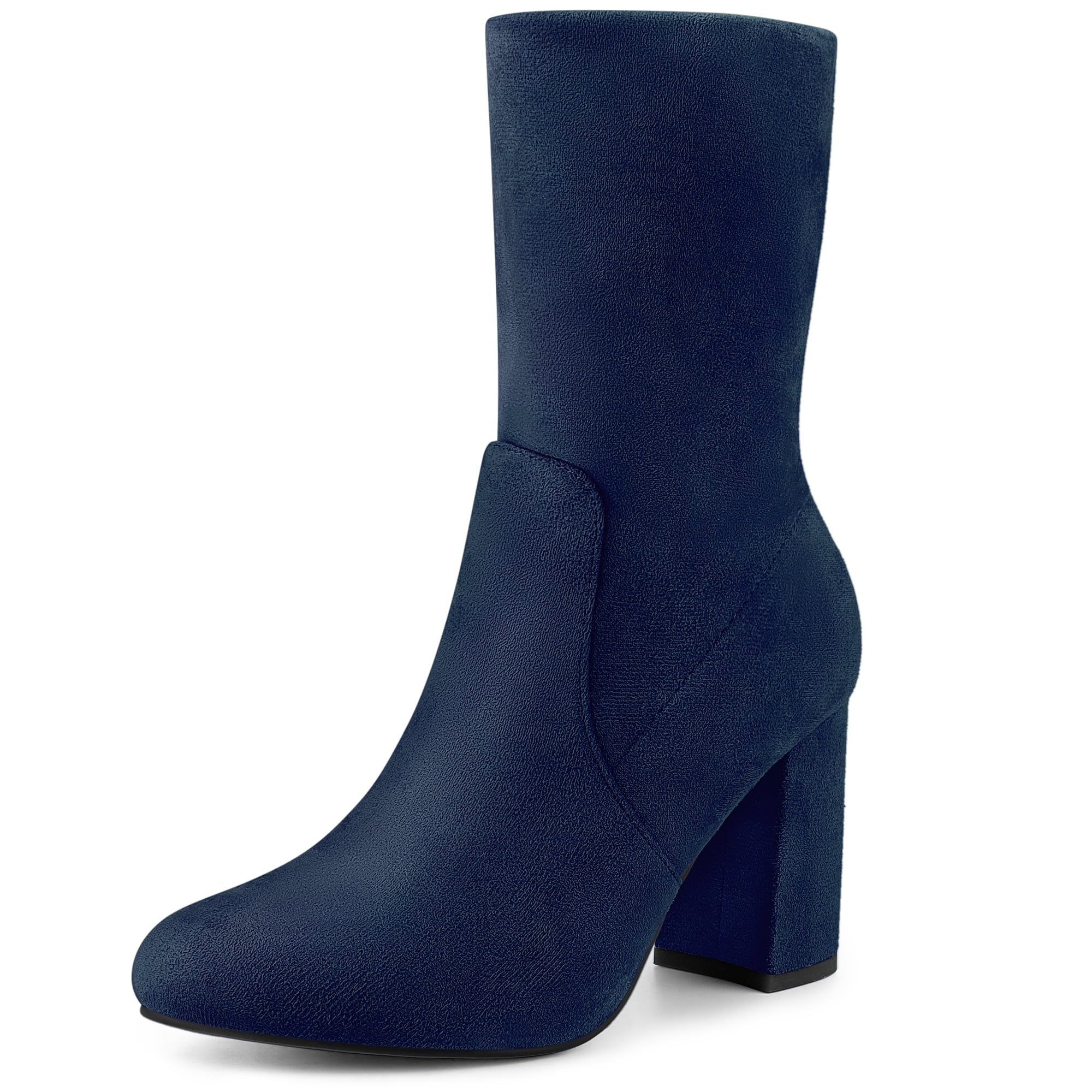 DARING DIVA Women's Rounded Toe Block Heeled Foldable Mid-Calf Boots Navy Blue US 9.5