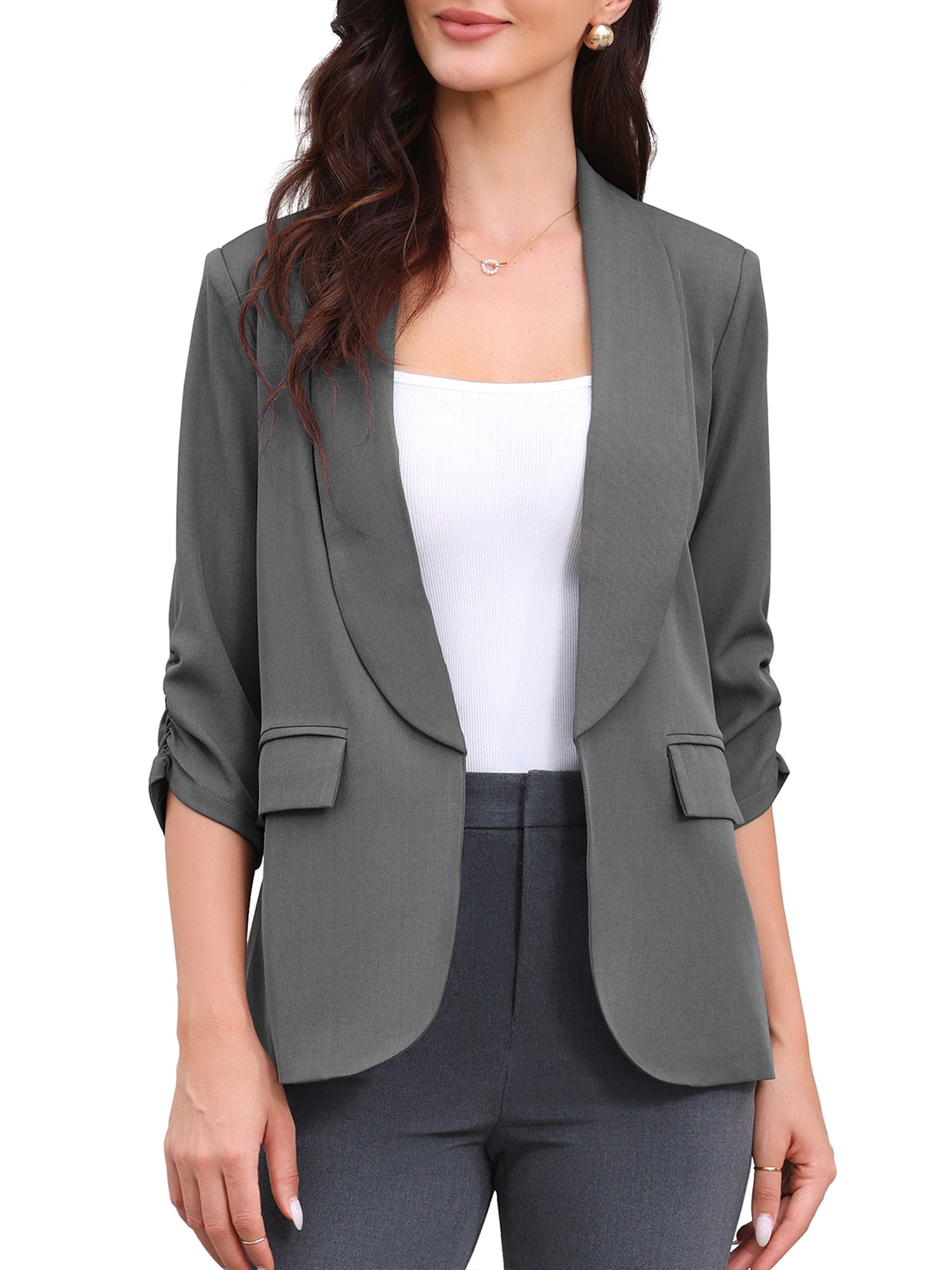 DARING DIVA Women's Ruched 3/4 Sleeve Shawl Collar Dressy Suit Jacket L Dark Gray