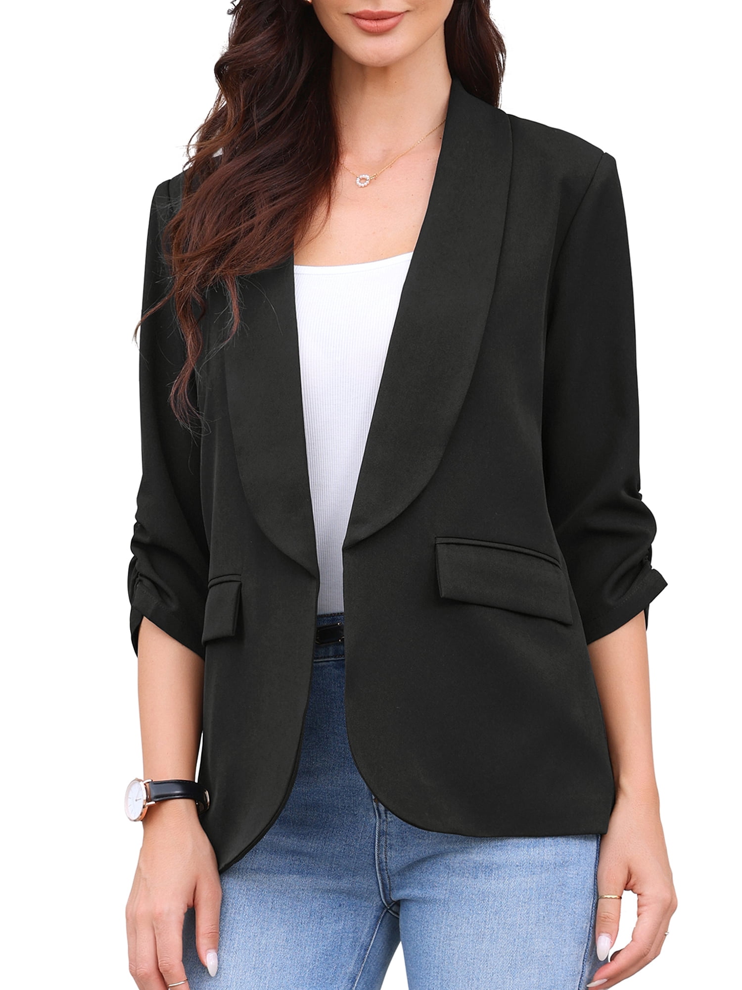 DARING DIVA Women's Ruched 3/4 Sleeve Shawl Collar Dressy Suit Jacket S Black