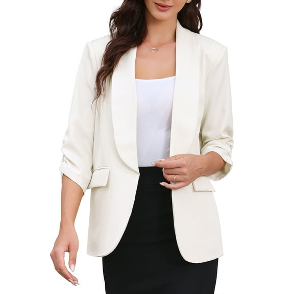 DARING DIVA Women's Ruched 3/4 Sleeve Shawl Collar Dressy Suit Jacket S Cream White