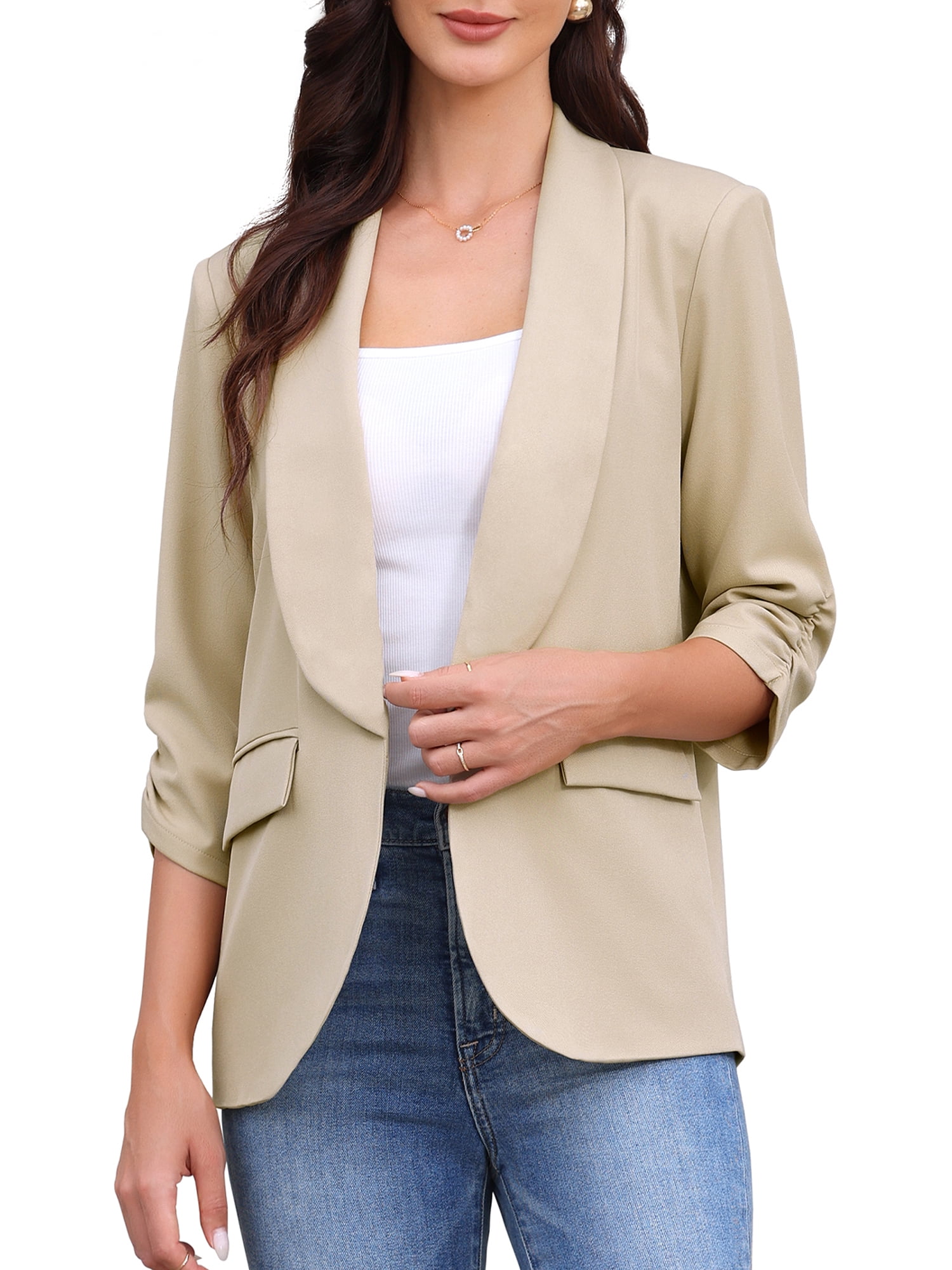DARING DIVA Women's Ruched 3/4 Sleeve Shawl Collar Dressy Suit Jacket S Khaki