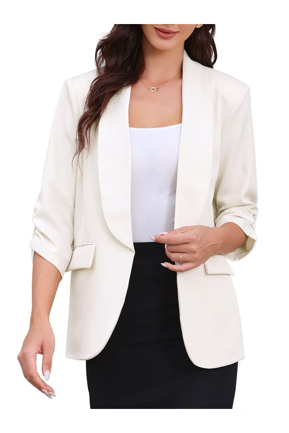 Women's Ruched 3/4 Sleeve Shawl Collar Dressy Suit Jacket XS Cream White