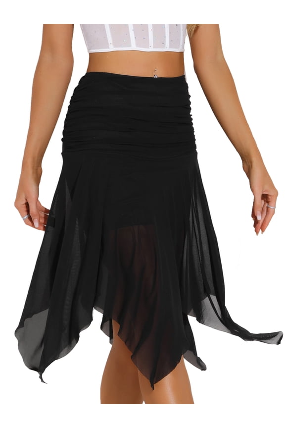 Women's Ruched Asymmetrical Flowy Dance Skirts M Black