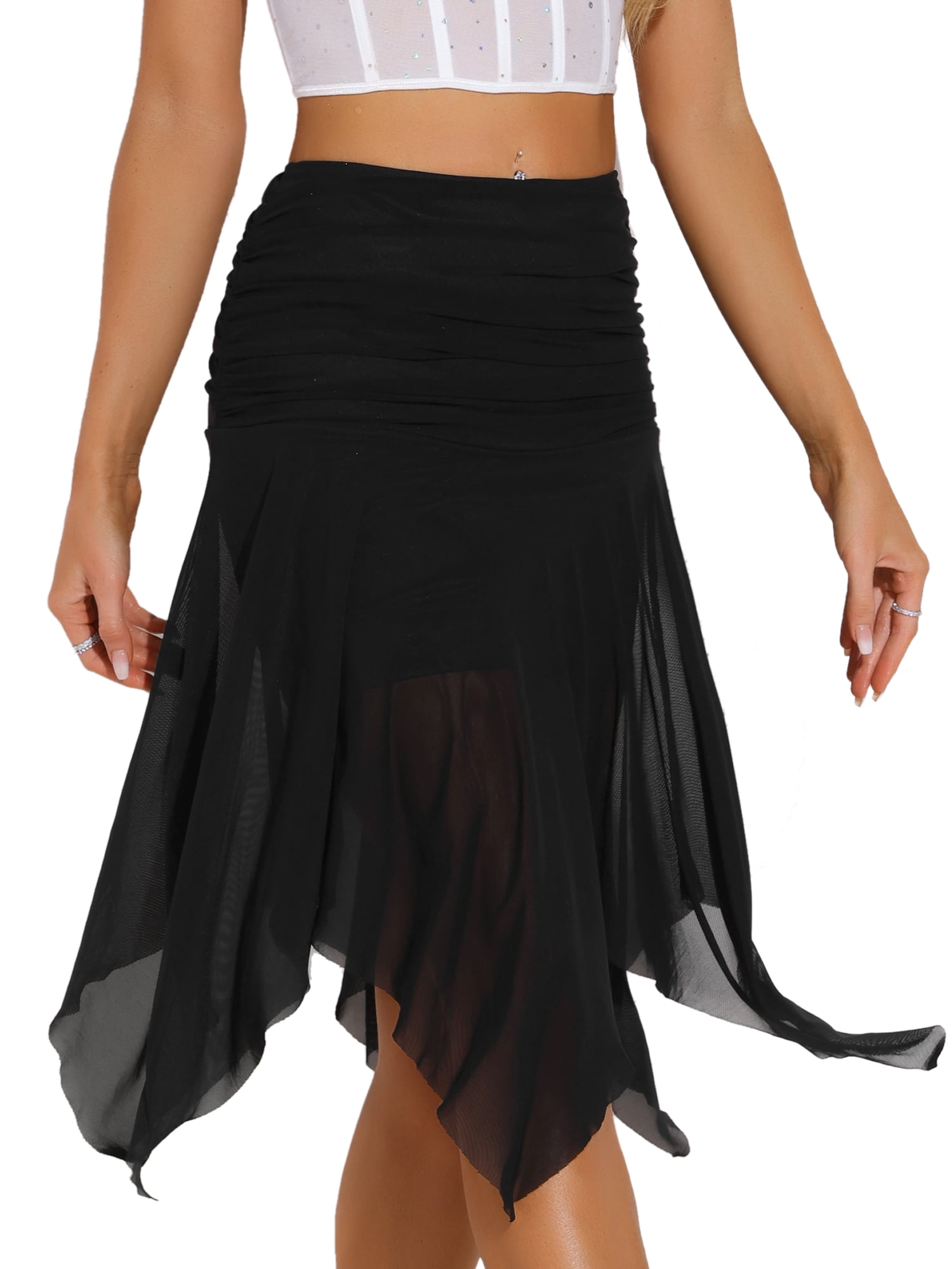 DARING DIVA Women's Ruched Asymmetrical Flowy Dance Skirts S Black