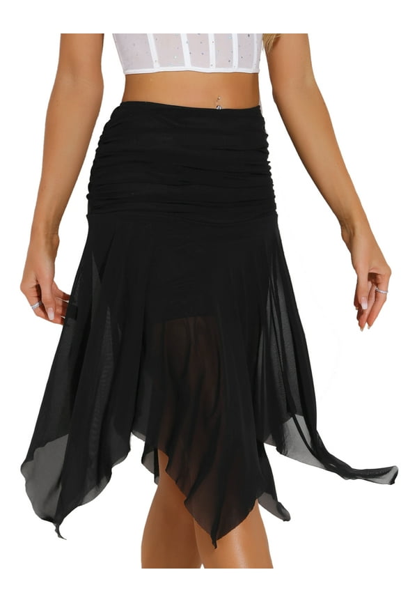 Women's Ruched Asymmetrical Flowy Dance Skirts S Black