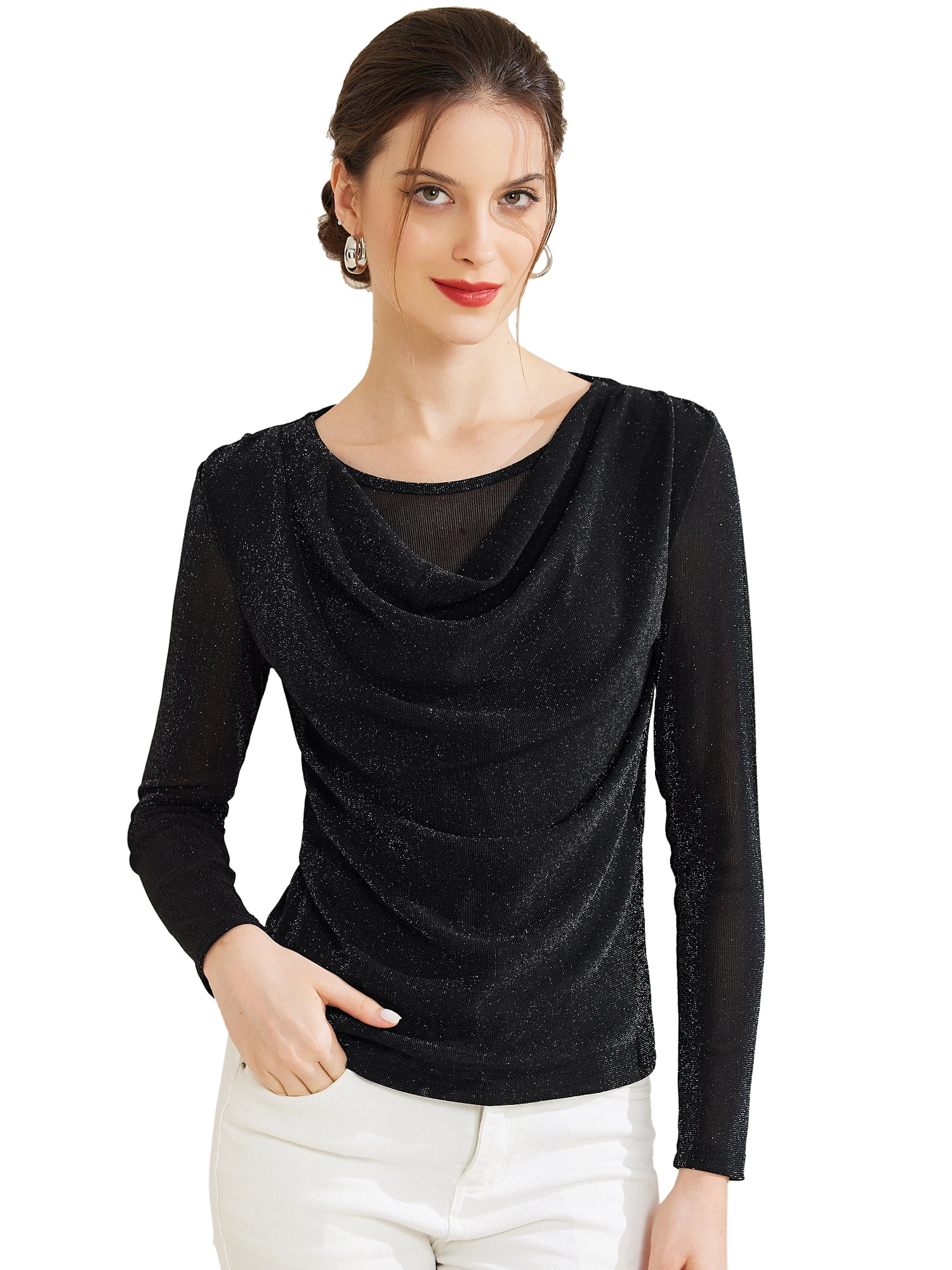 DARING DIVA Women's Ruched Cowl Neck Long Sleeves Glitter Tops S Black