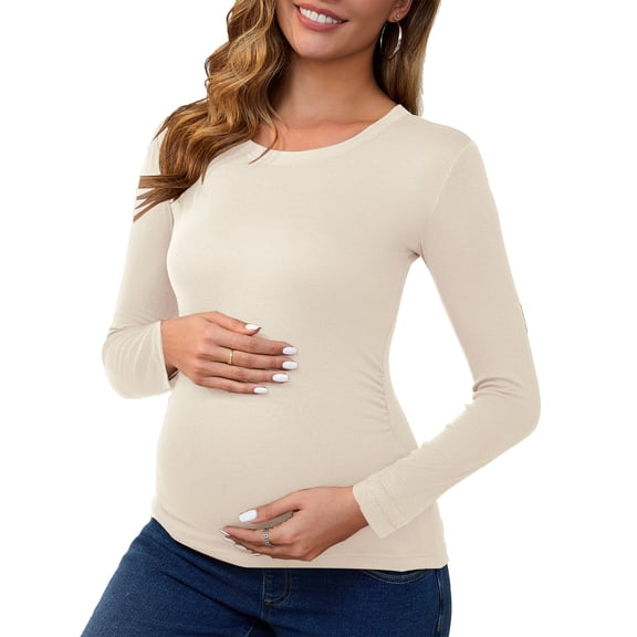 DARING DIVA Women's Ruched Long Sleeve Maternity Blouses S Beige