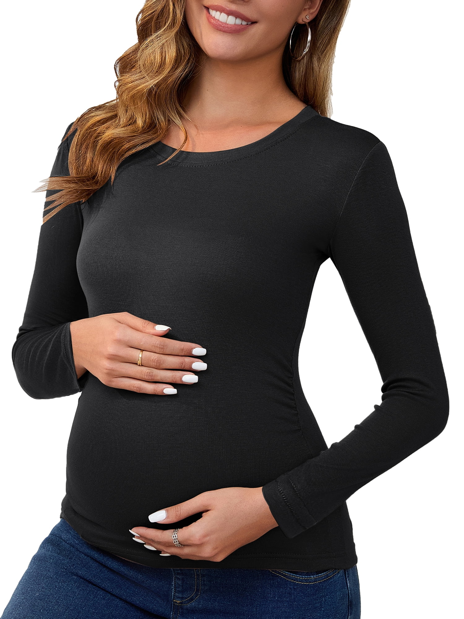 DARING DIVA Women's Ruched Long Sleeve Maternity Blouses XL Black