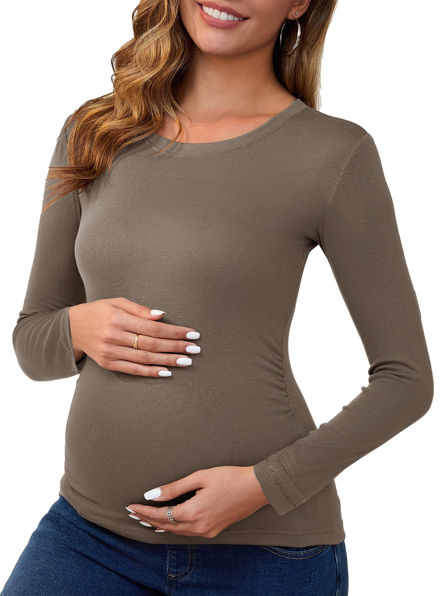 DARING DIVA Women's Ruched Long Sleeve Maternity Blouses XL Camel