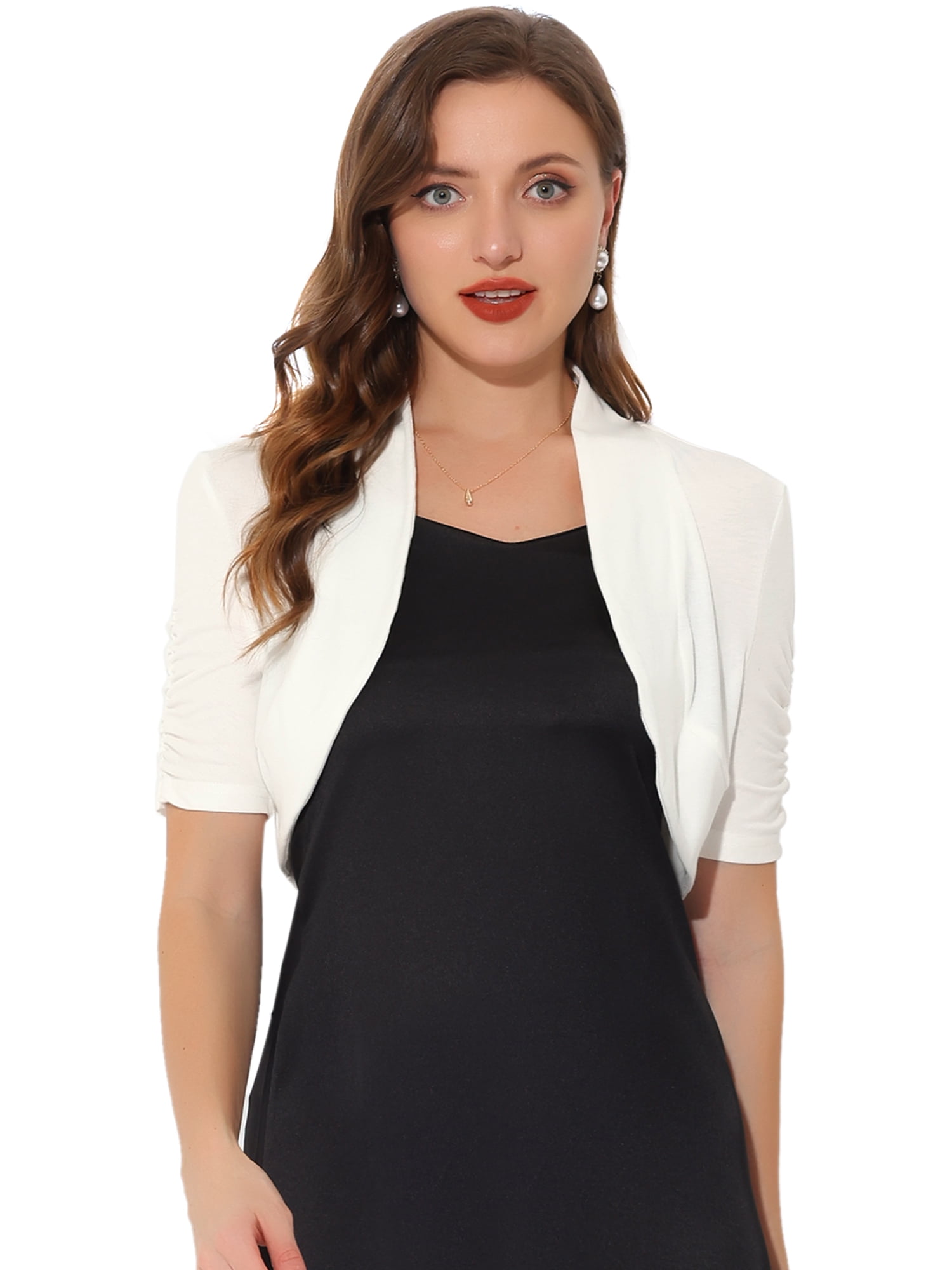 DARING DIVA Women's Ruched Short Sleeve Shrugs Bolero Cropped Cardigan M White