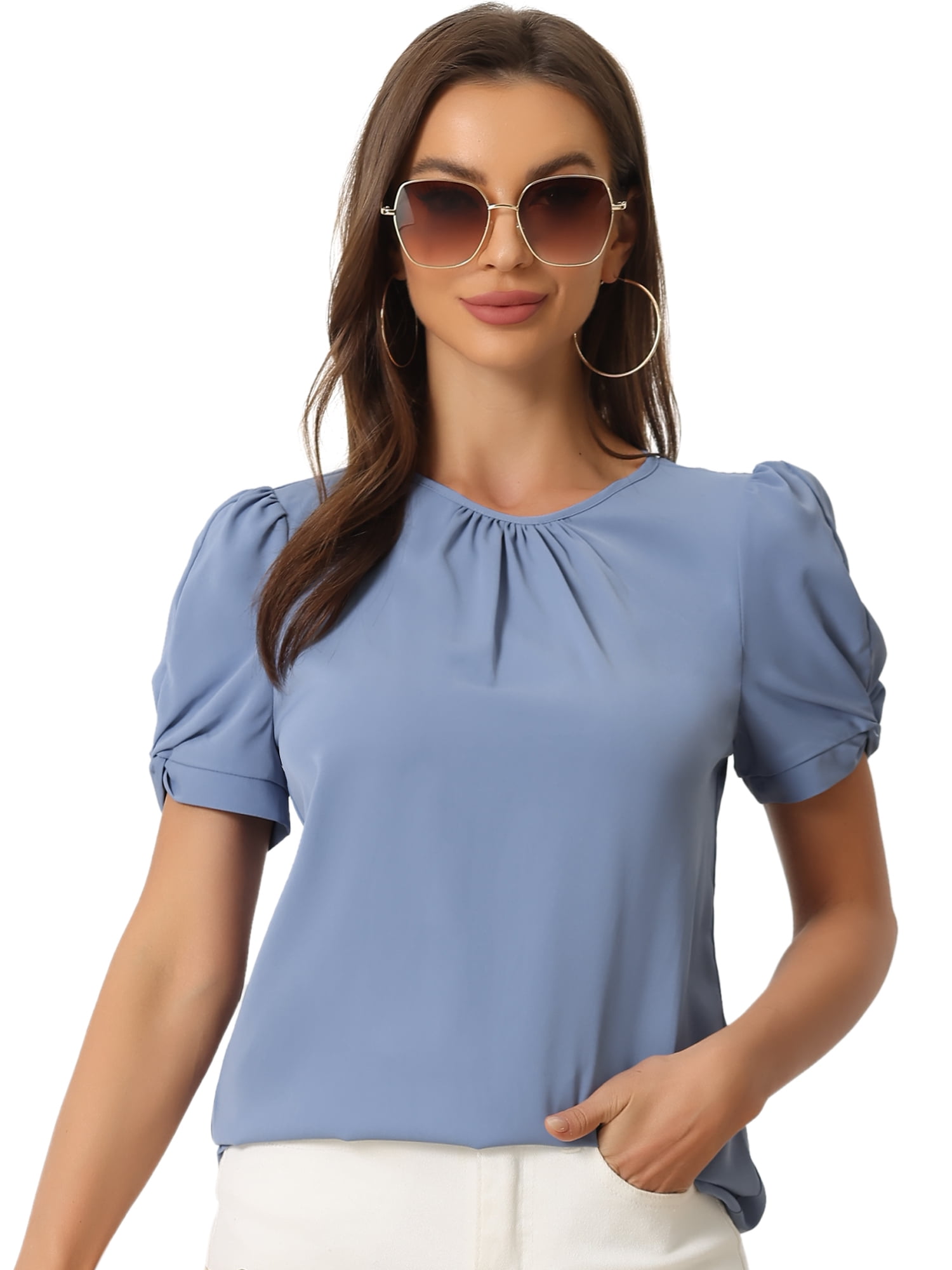 DARING DIVA Women's Ruched Sleeve Blouse Pleated Front Round Neck Tops M Blue Gray