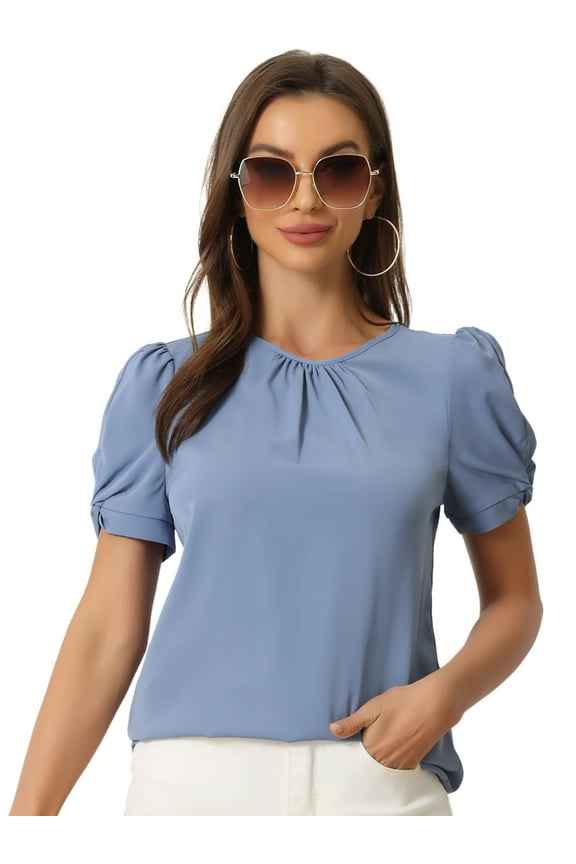 Women's Ruched Sleeve Blouse Pleated Front Round Neck Tops M Blue Gray