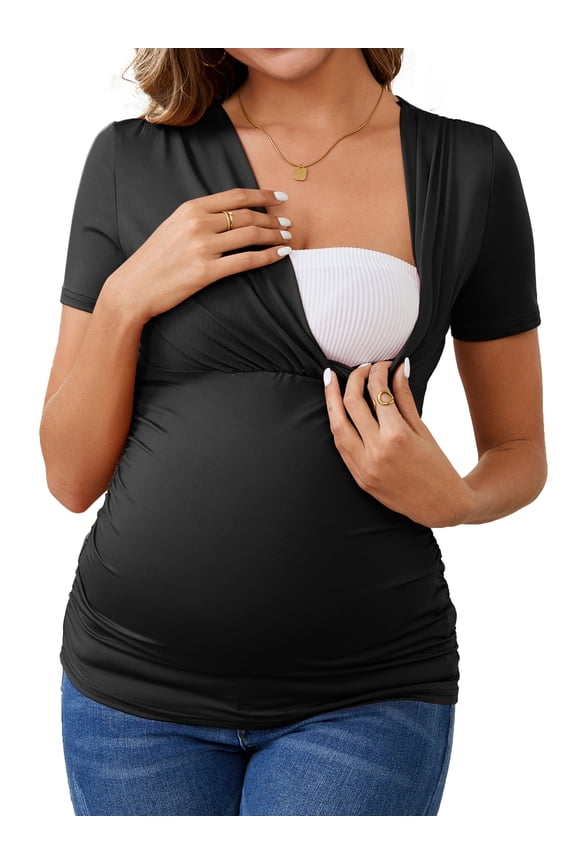 Women's Ruched Wrap V Neck Maternity Blouse S Black