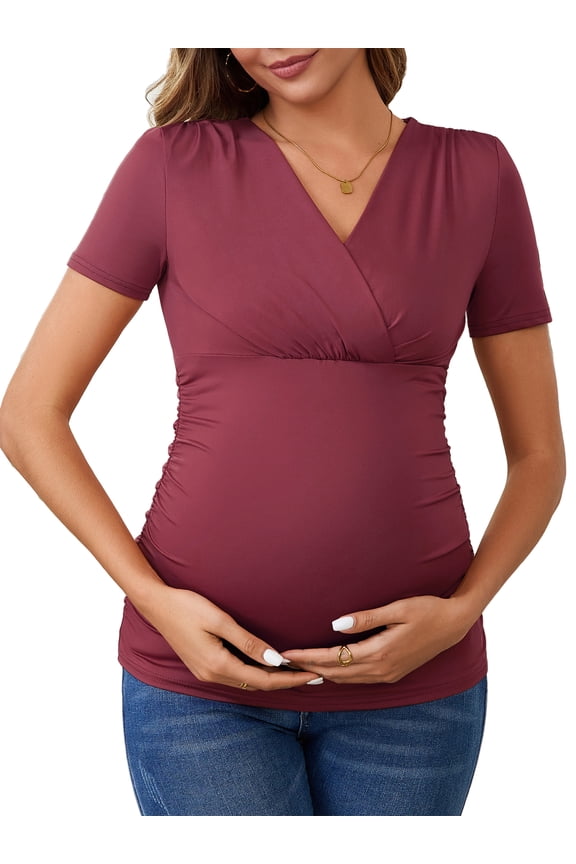 Women's Ruched Wrap V Neck Maternity Blouse S Red
