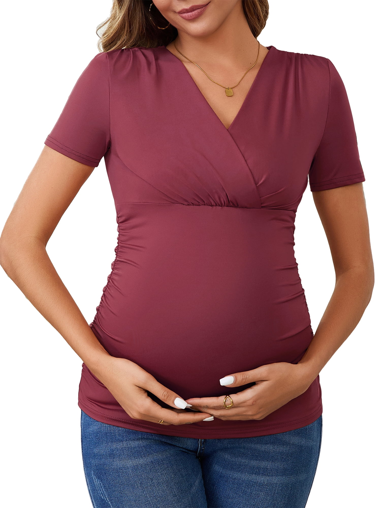 DARING DIVA Women's Ruched Wrap V Neck Maternity Blouse XXL Red