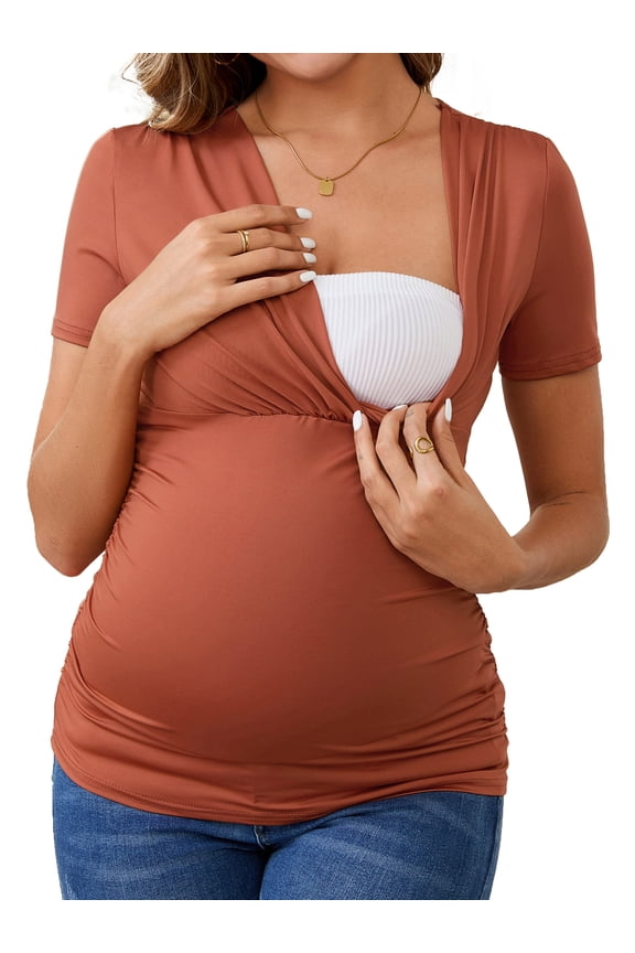 Women's Ruched Wrap V Neck Maternity Blouse XXL Reddish Brown