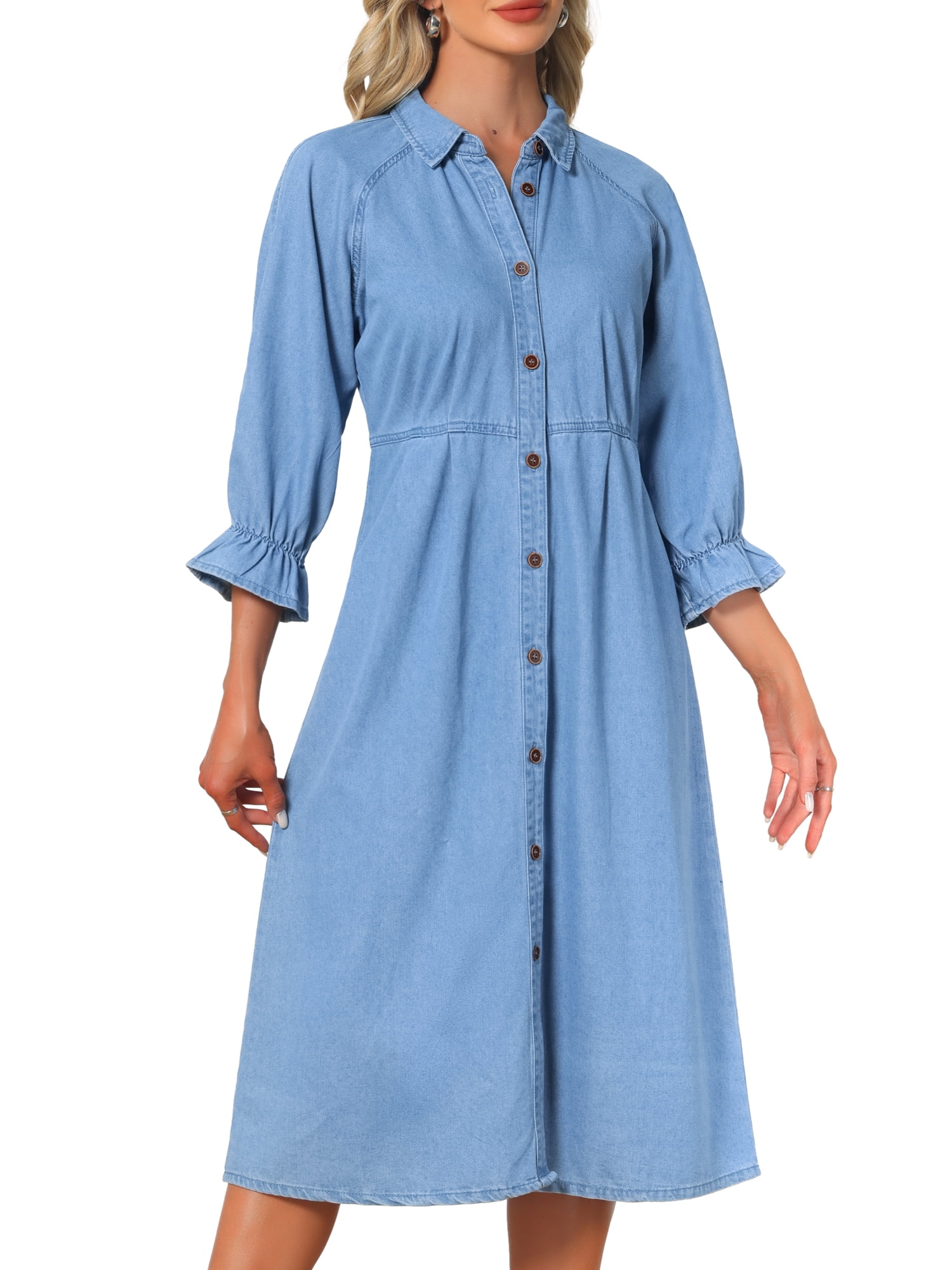 DARING DIVA Women's Ruffle 3/4 Sleeve Jean Button Down Shirt Dress 2XL Light Blue