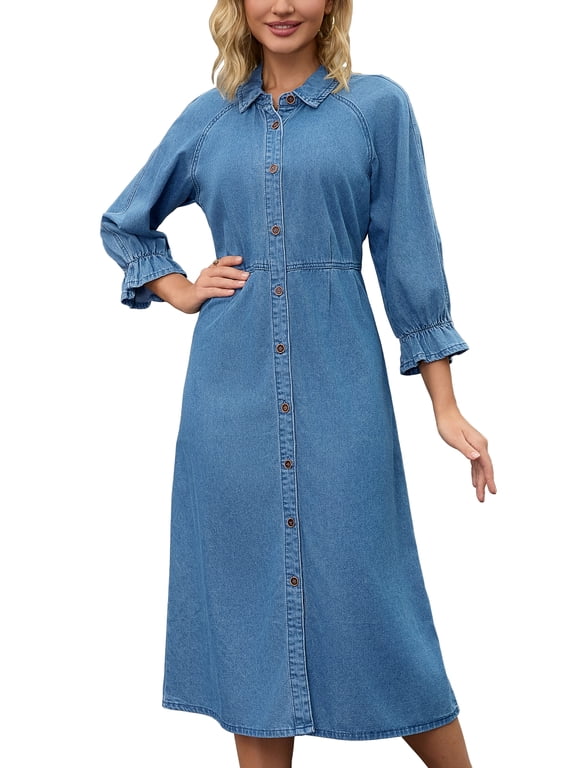 Women's Ruffle 3/4 Sleeve Jean Button Down Shirt Dress L Blue