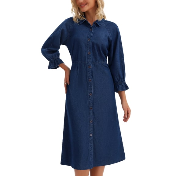 DARING DIVA Women's Ruffle 3/4 Sleeve Jean Button Down Shirt Dress L Dark Blue