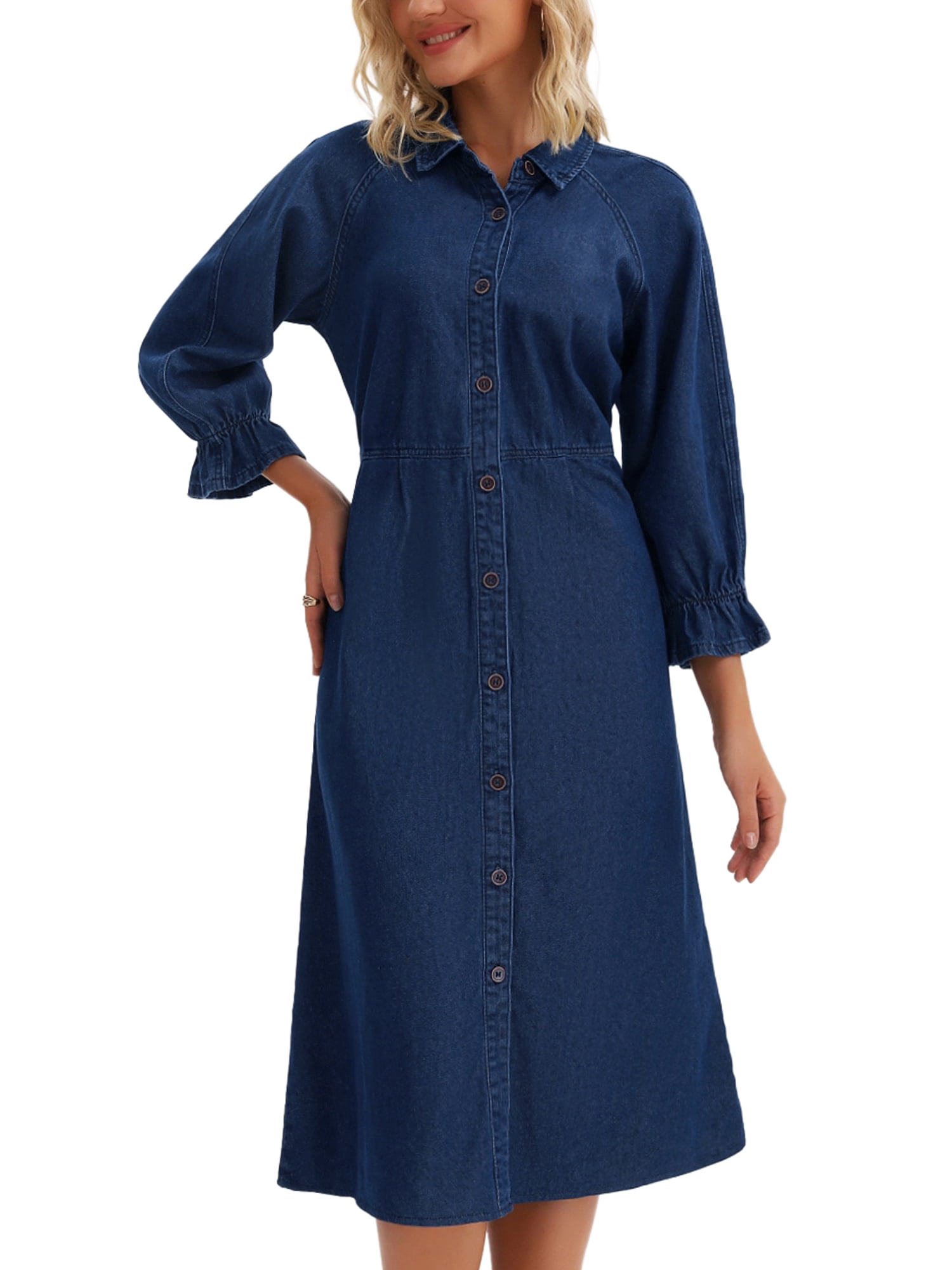 DARING DIVA Women's Ruffle 3/4 Sleeve Jean Button Down Shirt Dress M Dark Blue