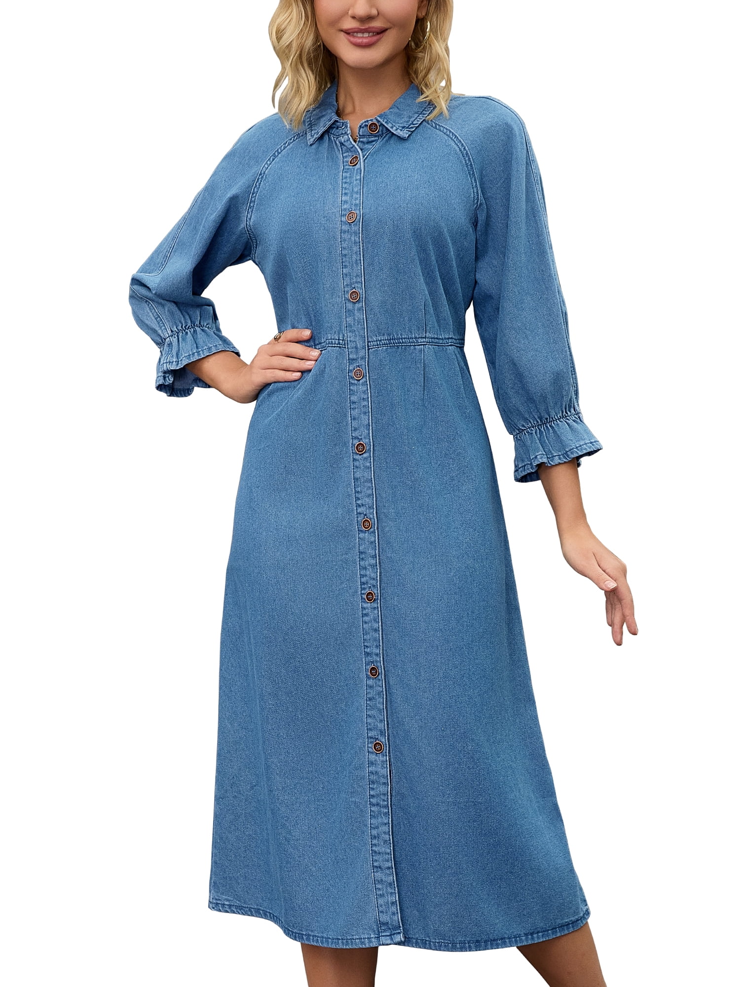 DARING DIVA Women's Ruffle 3/4 Sleeve Jean Button Down Shirt Dress S Blue