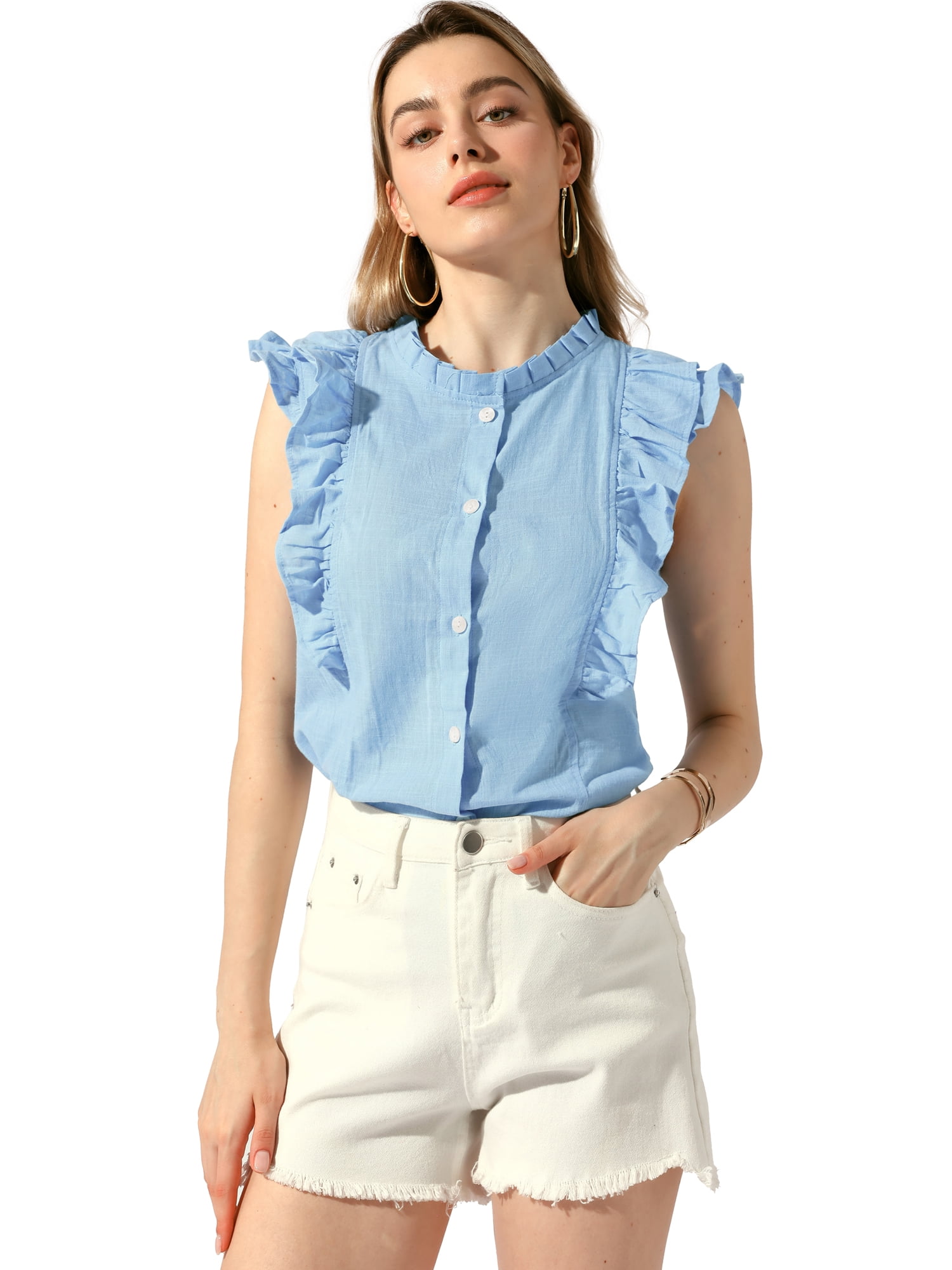 DARING DIVA Women's Ruffle Blouse Crew Neck Sleeveless Blouses M Sky Blue