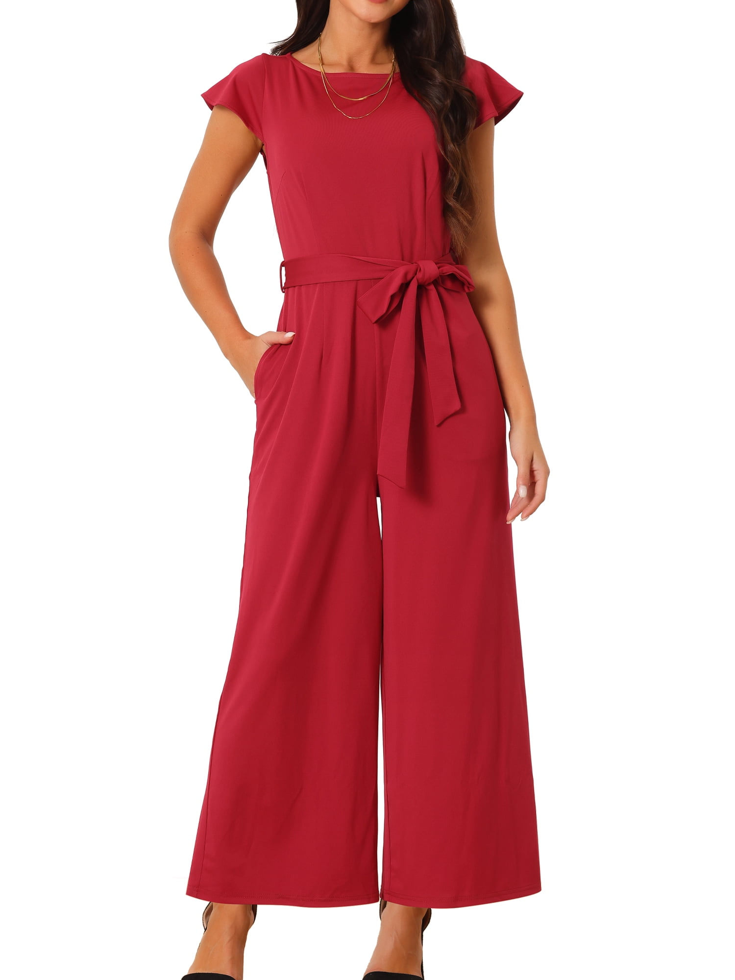 DARING DIVA Women's Ruffle Cap Sleeve High Waisted Wide Leg Jumpsuit M Wine Red