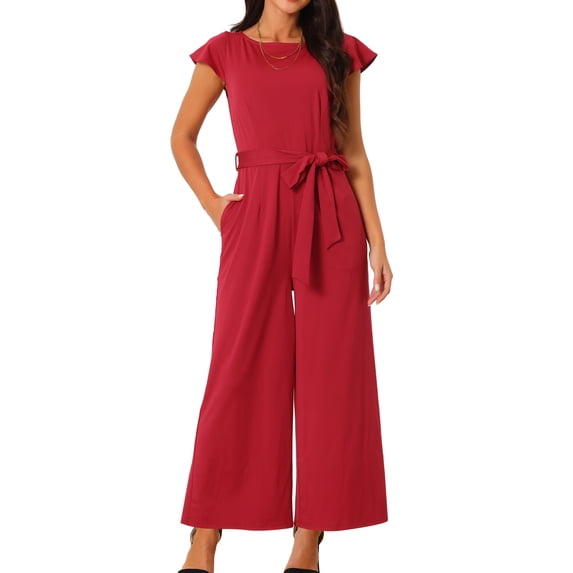DARING DIVA Women's Ruffle Cap Sleeve High Waisted Wide Leg Jumpsuit M Wine Red