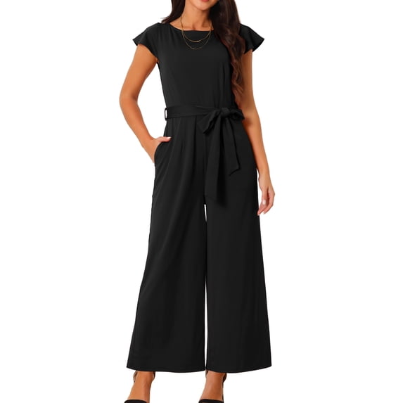 DARING DIVA Women's Ruffle Cap Sleeve High Waisted Wide Leg Jumpsuit XL Black