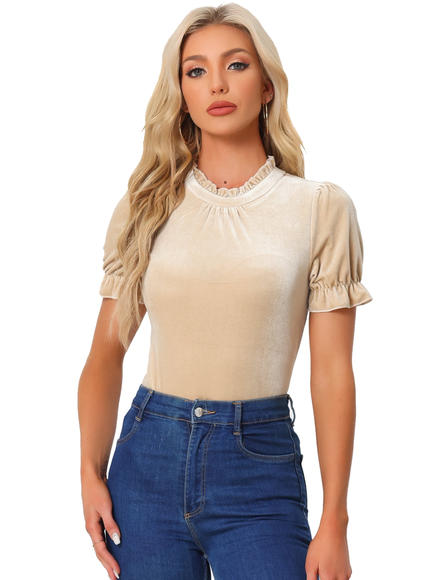 DARING DIVA Women's Ruffle Collar Shirt Velvet Tops Blouse M Khaki