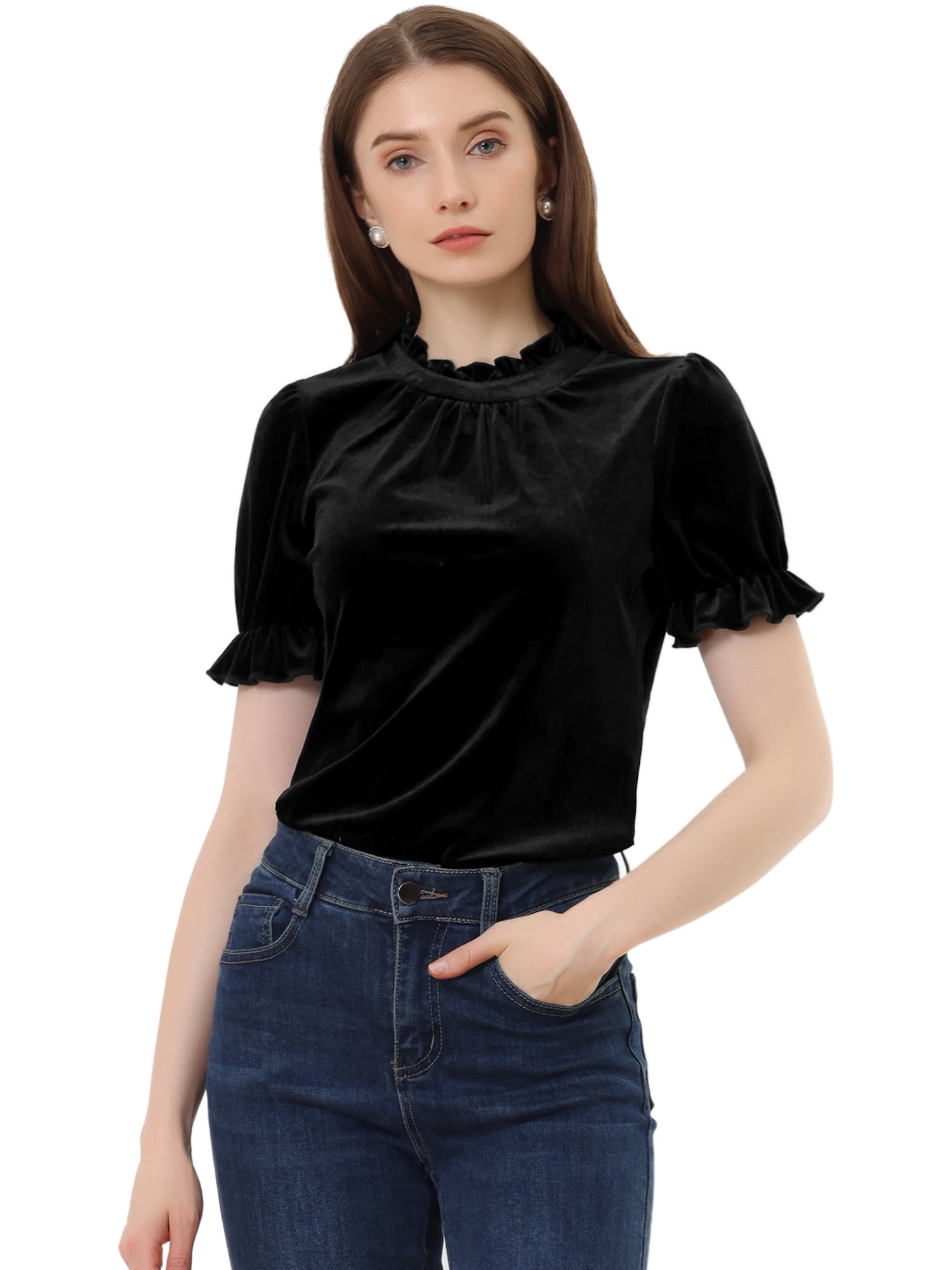 DARING DIVA Women's Ruffle Collar Shirt Velvet Tops Blouse XS Black