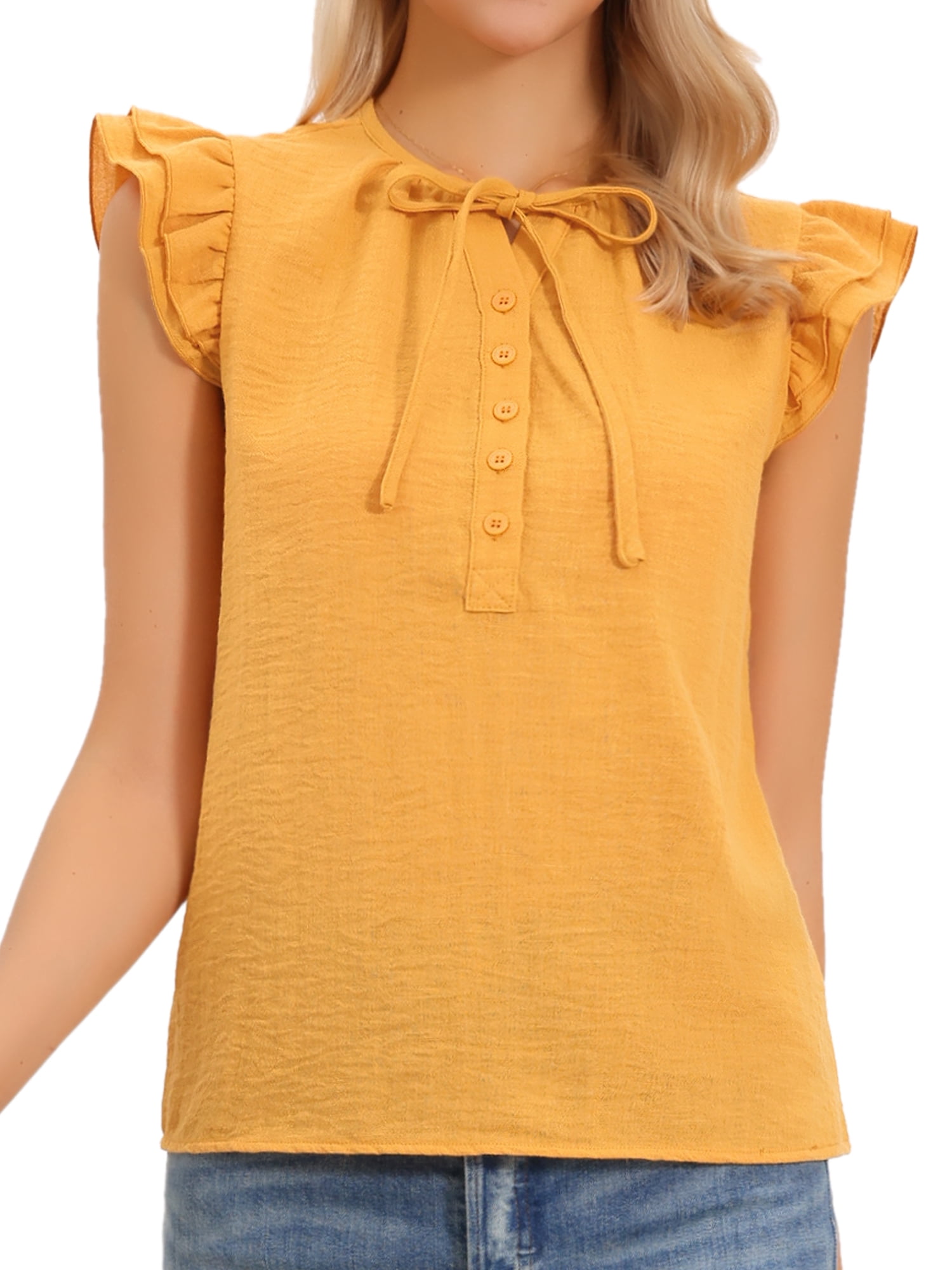 DARING DIVA Women's Ruffle Crew Neck Layer Cap Sleeve Blouses S Yellow