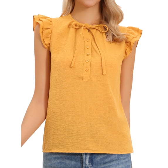 DARING DIVA Women's Ruffle Crew Neck Layer Cap Sleeve Blouses XS Yellow
