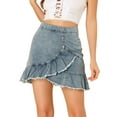 thumbnail image 1 of DARING DIVA Women's Ruffle Hem Button Mini Denim Jeans Skirt XS Blue Grey, 1 of 6