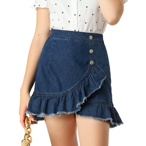 DARING DIVA Women's Ruffle Hem Button Mini Denim Jeans Skirt XS Blue
