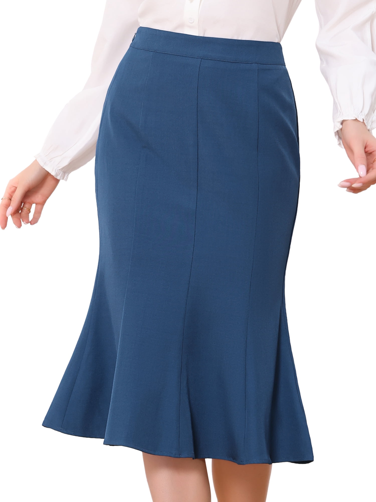 DARING DIVA Women's Ruffle Hem Pencil Skirt High Waist Midi Skirts L Blue